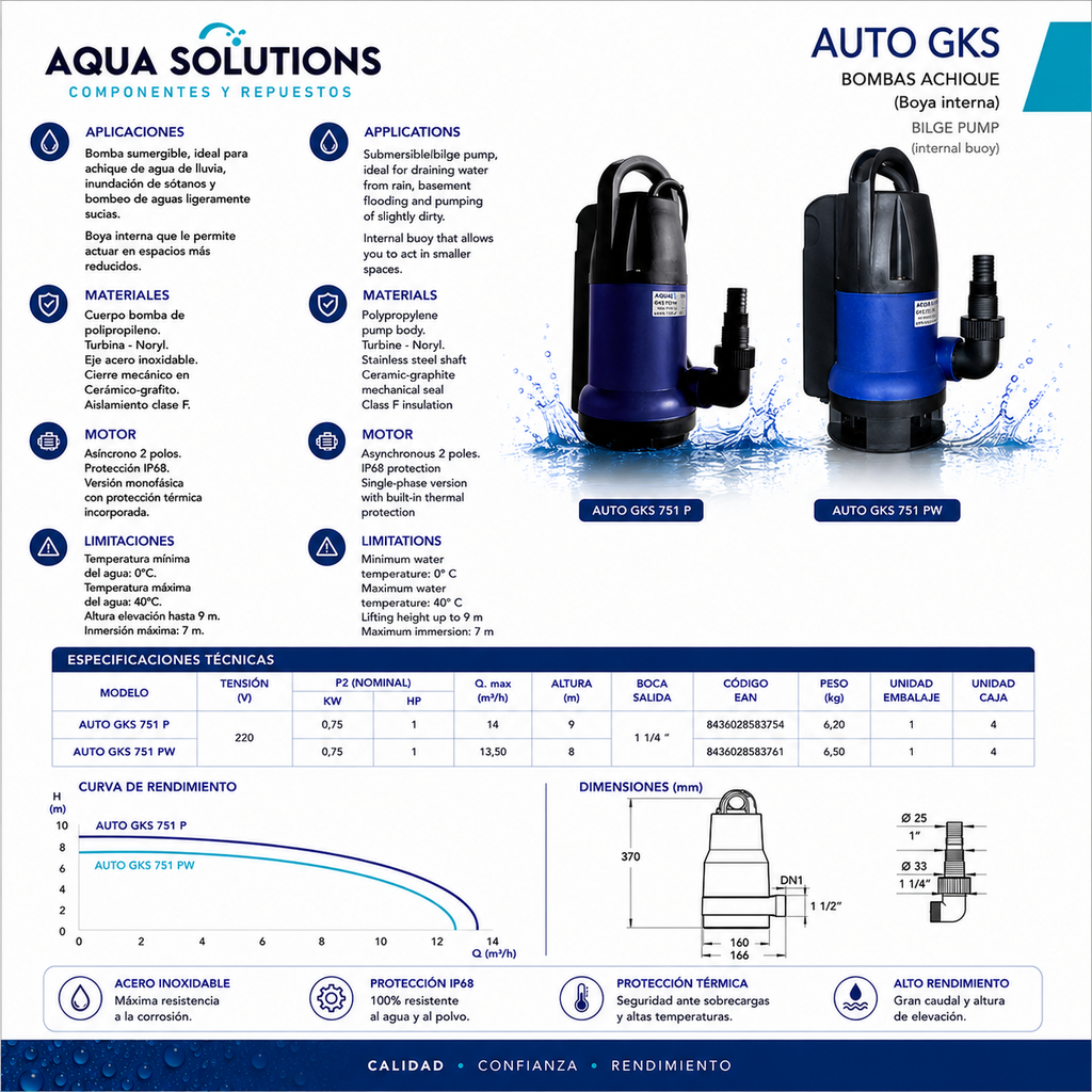 BOMBA SUMERGIBLE DE ACHIQUE PARA AGUAS LIMPIAS CON FLOTADOR INTERNO GUT SERIE AUTO GKS