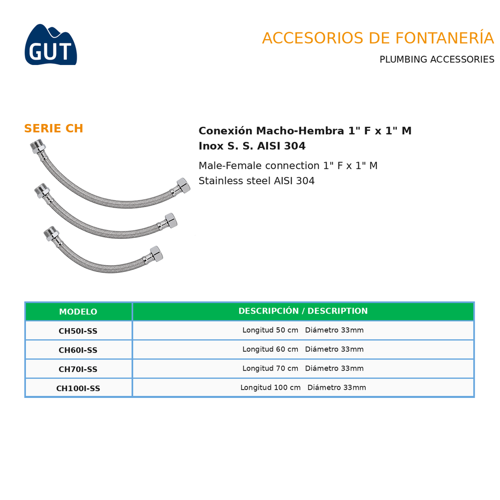 LATIGUILLO FLEXIBLE INOXIDABLE AISI 304 M-H 1" GUT SERIE CH