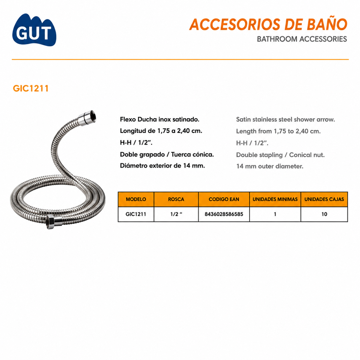 FLEXO DE DUCHA EXTENSIBLE ACERO INOX H-H 1/2" GUT GIC1211