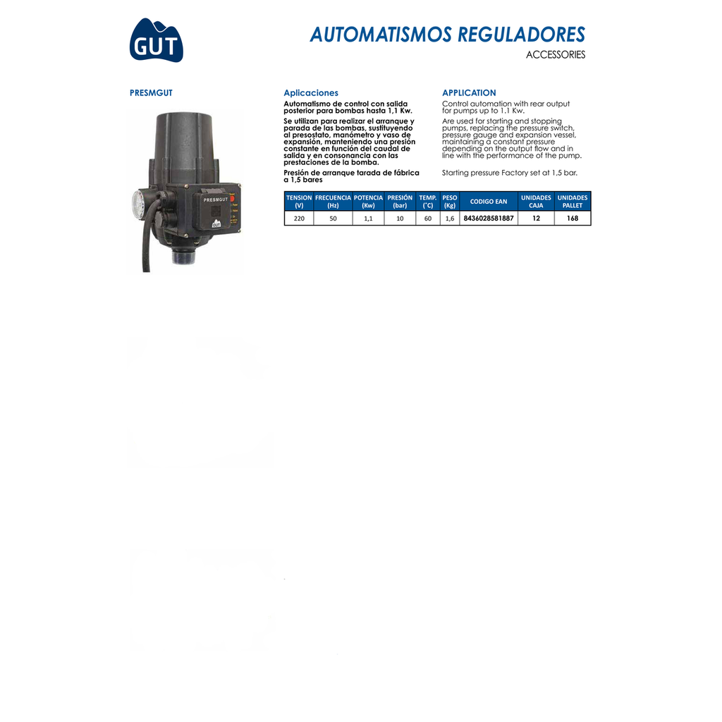 GRUPO PRESIÓN AUTOMÁTICO PREMONTADO GUT PRESGMK-900 · 0,8 CV