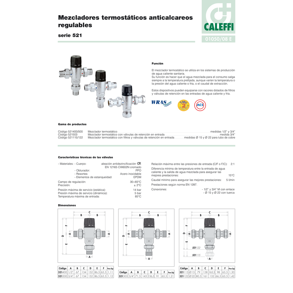 MEZCLADOR TERMOSTÁTICO CALEFFI EN "T" CON RACORES SERIE 521