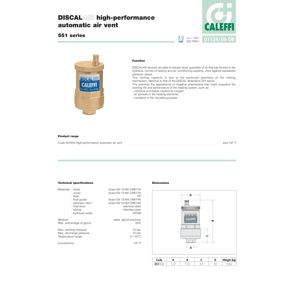 SEPARADOR MICROBOLAS 1/2'' H CALEFFI DISCALAIR MOD. 551004