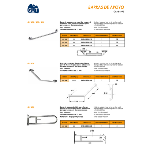 BARRA ABATIBLE ACERO INOX SATINADO 800MM GUT MOD. GIF406