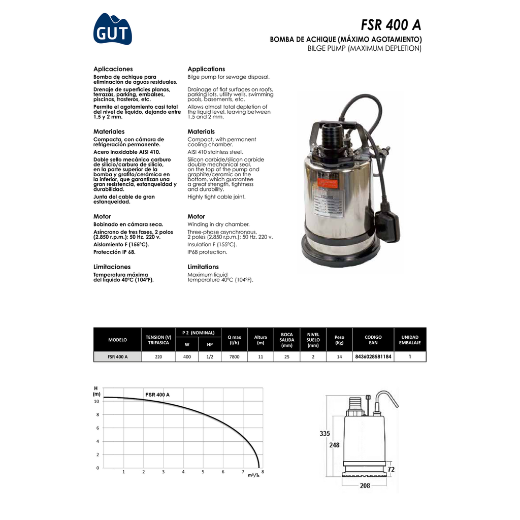 BOMBA ACHIQUE GUT FSR 400A MÁXIMO AGOTAMIENTO 0,5CV-220V