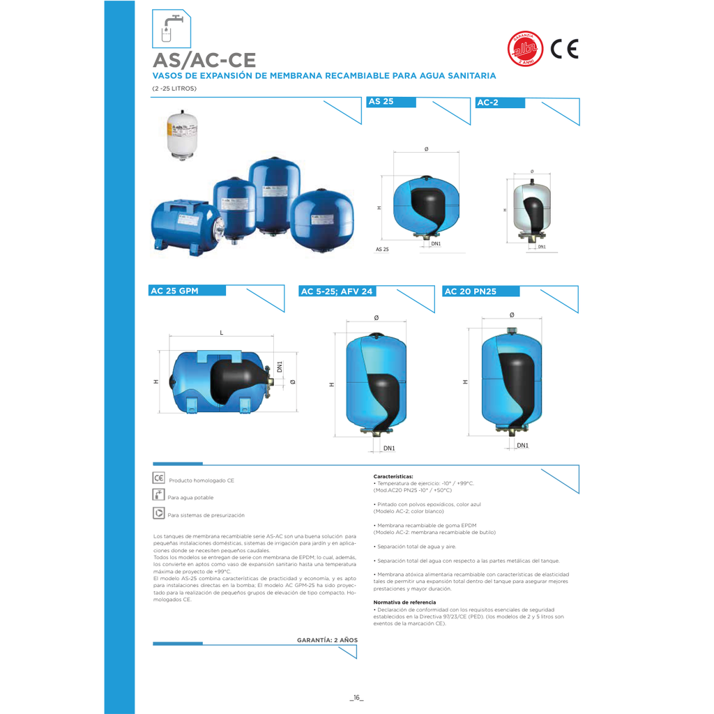 VASO EXPANSIÓN DE MEMBRANA RECAMBIABLE ELBI PARA AGUA SANITARIA SERIES GAC-GAS-GAFV