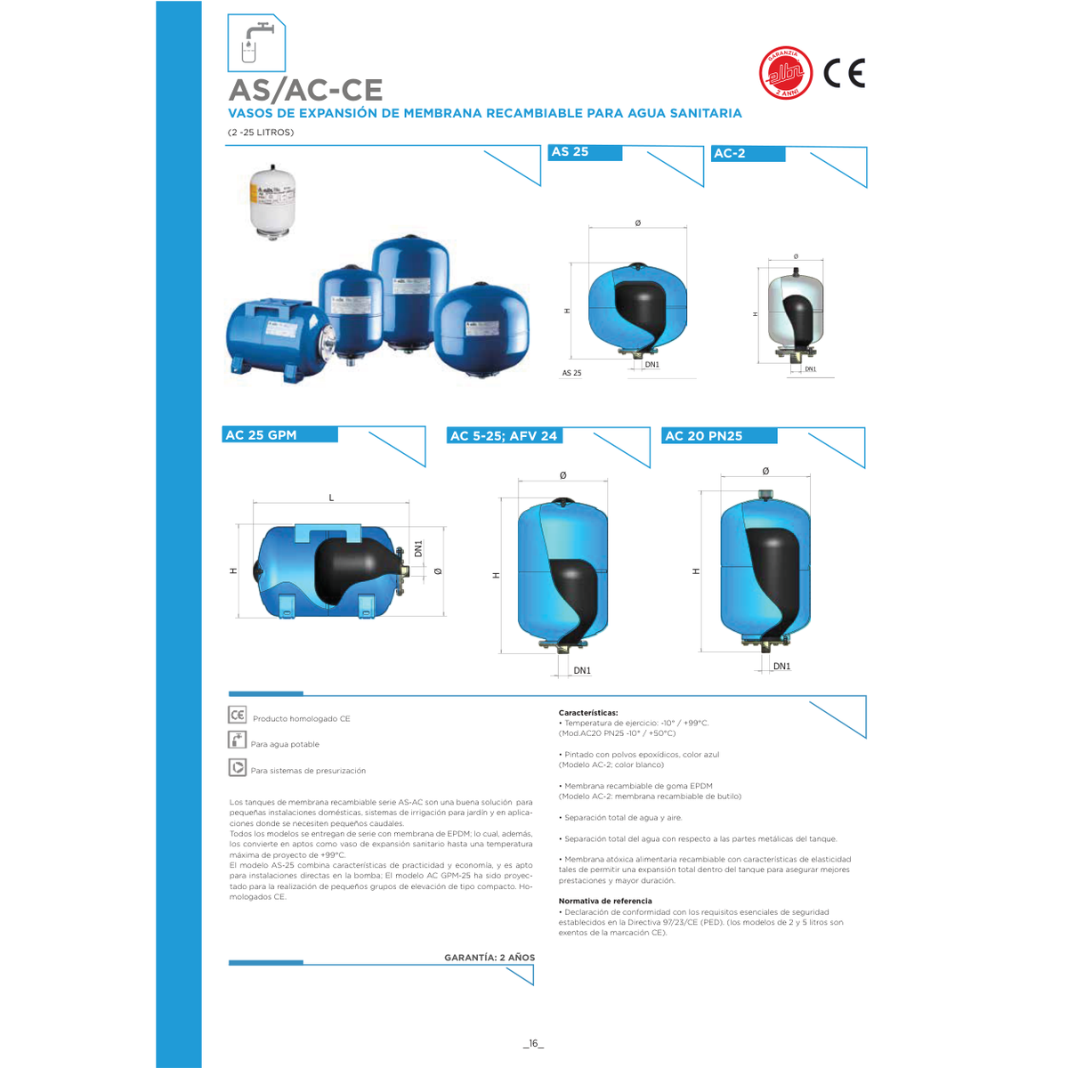 VASO EXPANSIÓN DE MEMBRANA RECAMBIABLE ELBI PARA AGUA SANITARIA SERIES GAC-GAS-GAFV