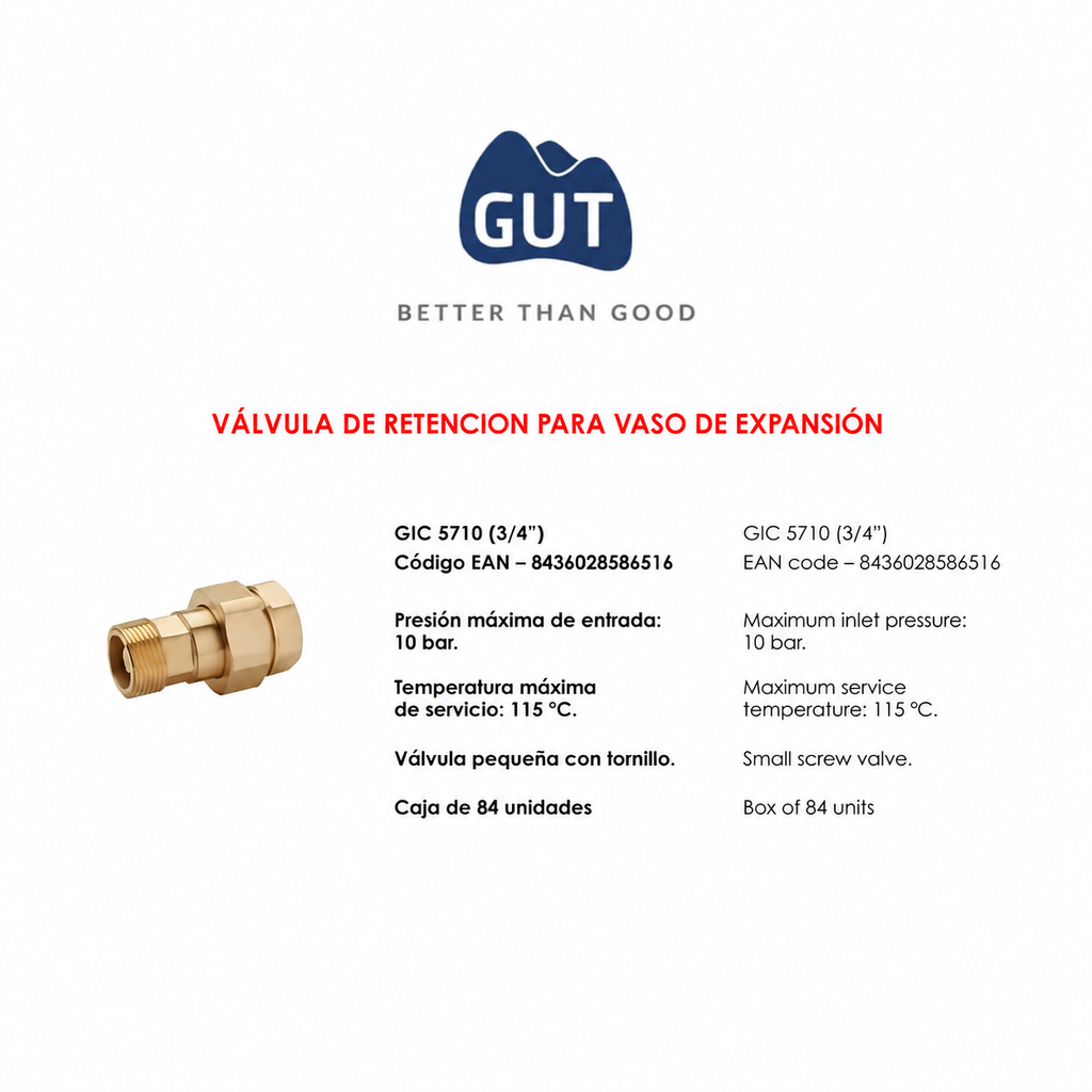VALVULA DE RETENCIÓN PARA VASO DE EXPANSIÓN GUT MOD. GIC 5710