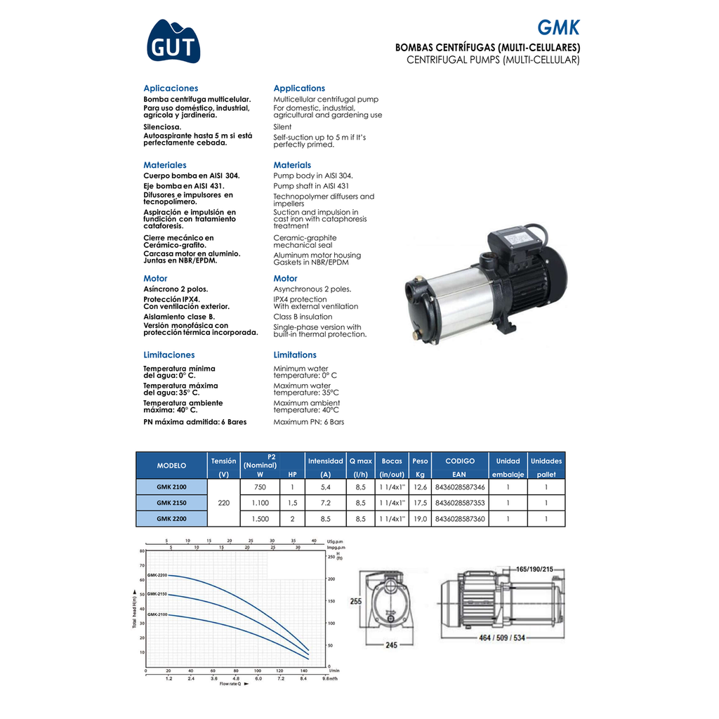 BOMBA CENTRIFUGA MULTICELULAR GUT SERIE GMK-2