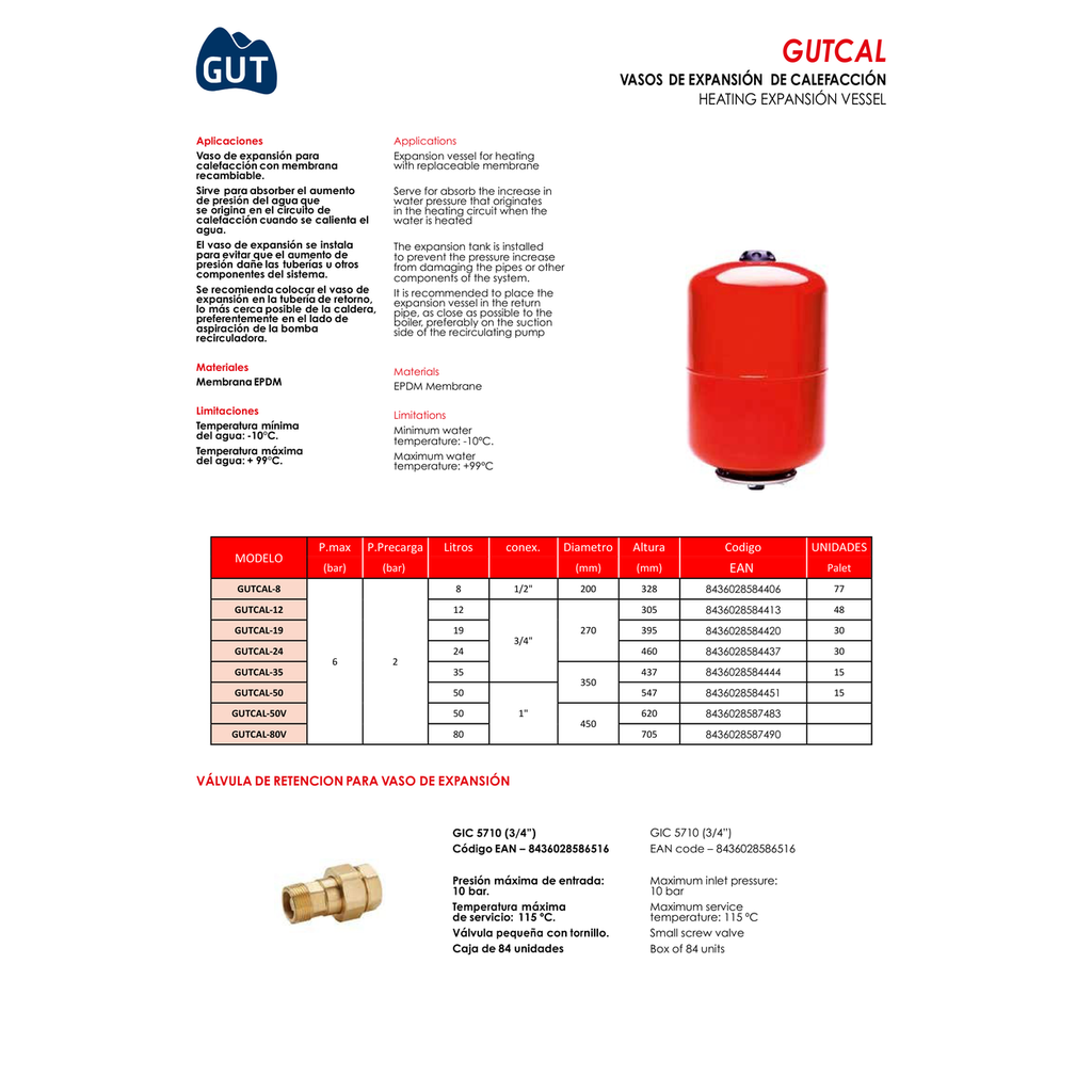 VASO DE EXPANSION CALEFACCION CON MEMBRANA RECAMBIABLE SERIE GUTCAL