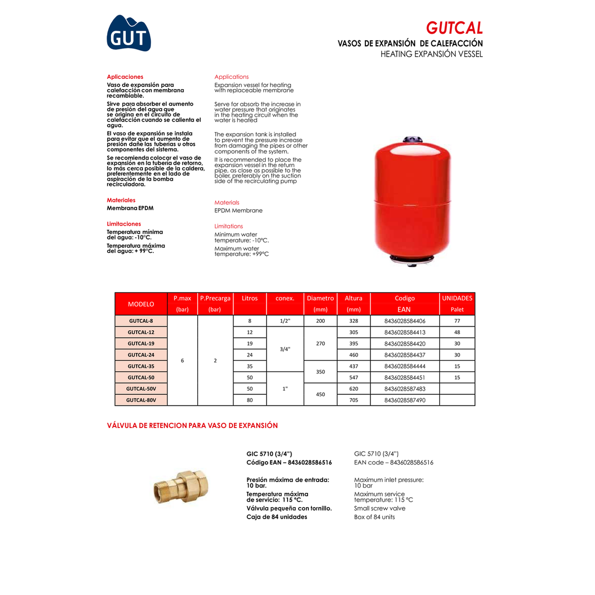 VASO DE EXPANSION CALEFACCION CON MEMBRANA RECAMBIABLE SERIE GUTCAL
