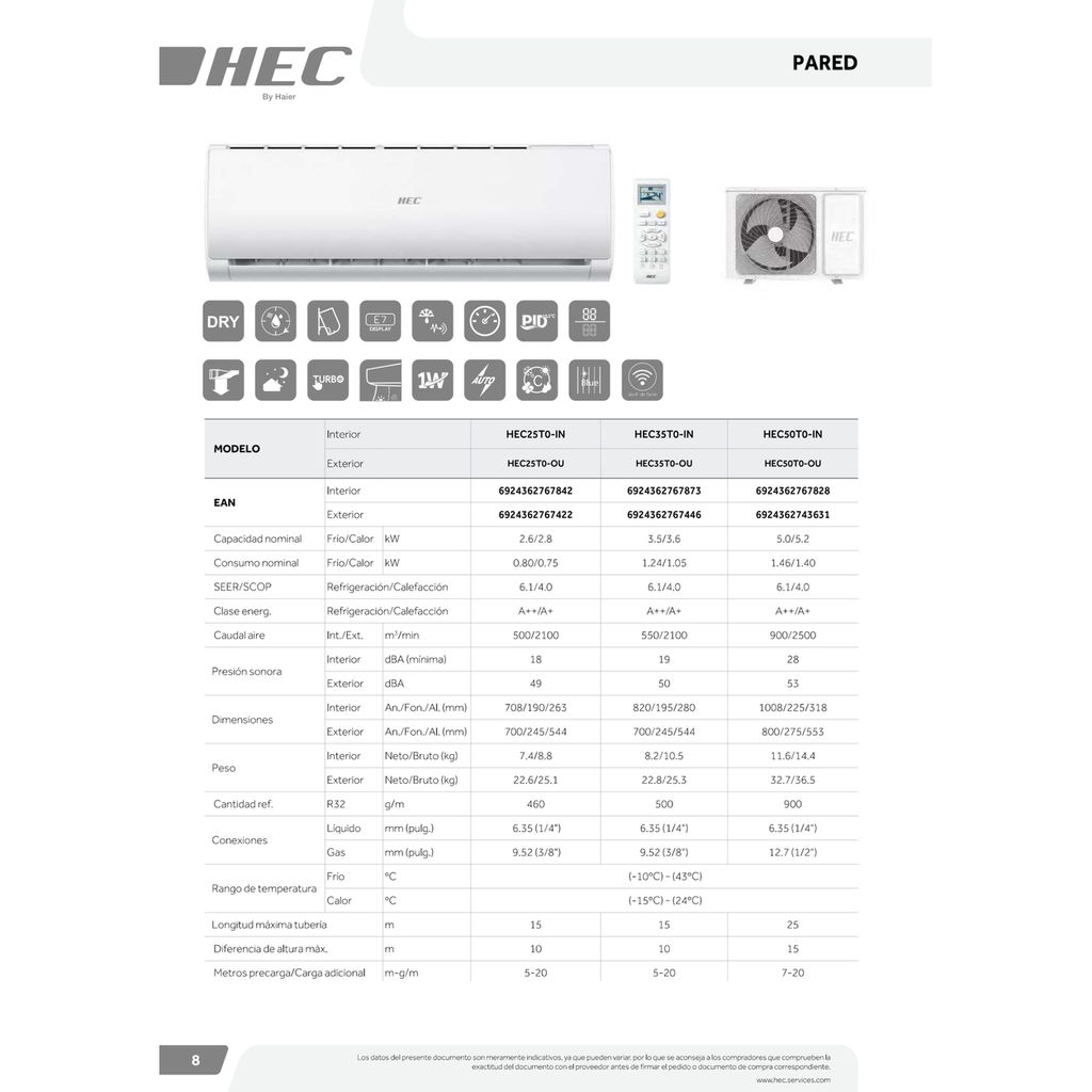 AIRE ACONDICIONADO SPLIT HAIER - HEC WIFI INTEGRADO A++/A+ (2,6/3,5/5,0 KW)