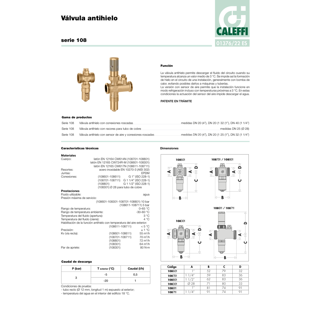VÁLVULA ANTIHIELO AEROTERMIA CALEFFI SERIE 108