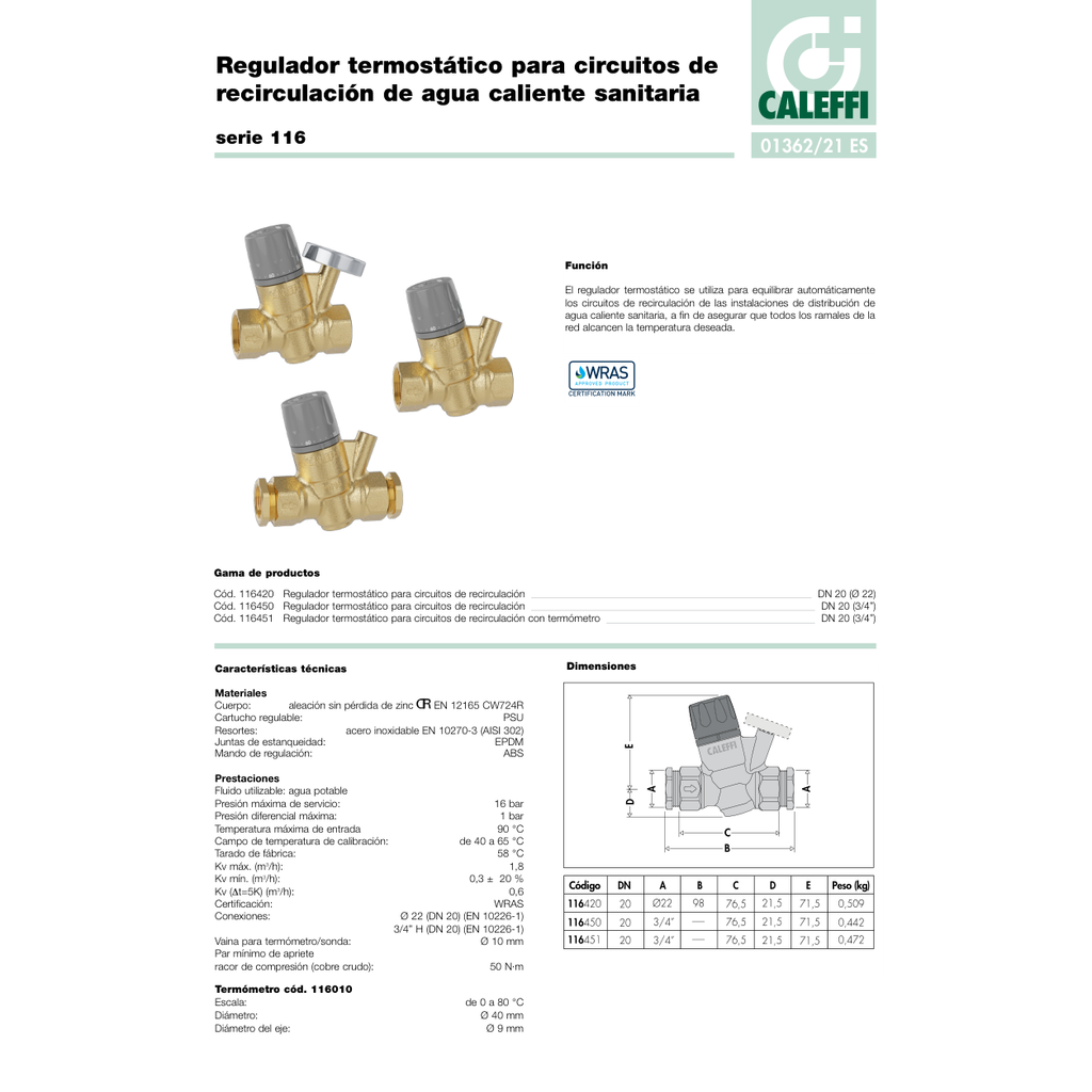 VÁLVULA DE MEZCLA 2 VÍAS CALEFFI MULTIPOSICIÓN SERIE 116