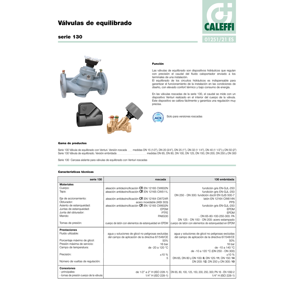 VÁLVULA DE EQUILIBRADO CALEFFI CON TOMAS DE MEDICIÓN Y VENTURI SERIE 130