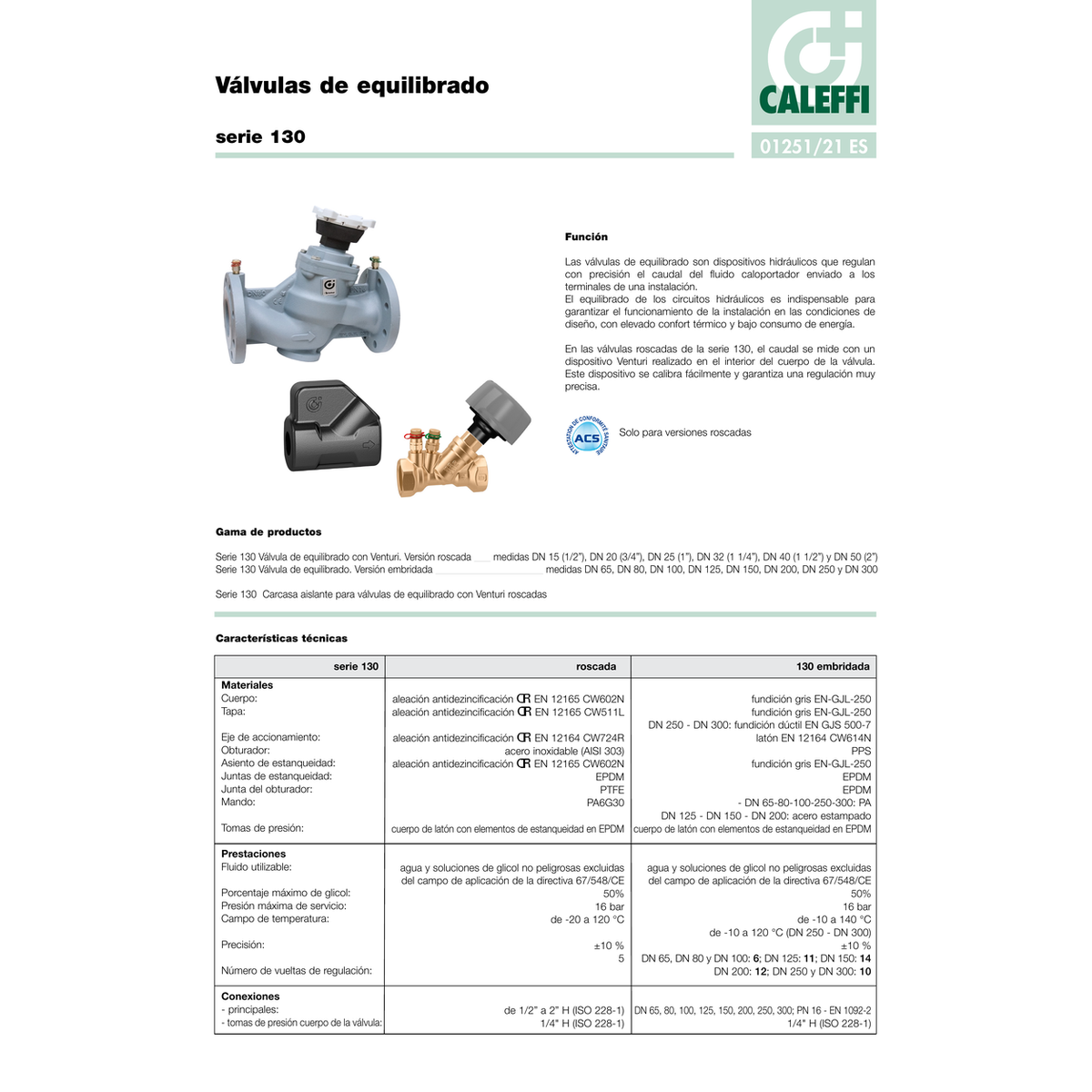 VÁLVULA DE EQUILIBRADO CALEFFI CON TOMAS DE MEDICIÓN Y VENTURI SERIE 130