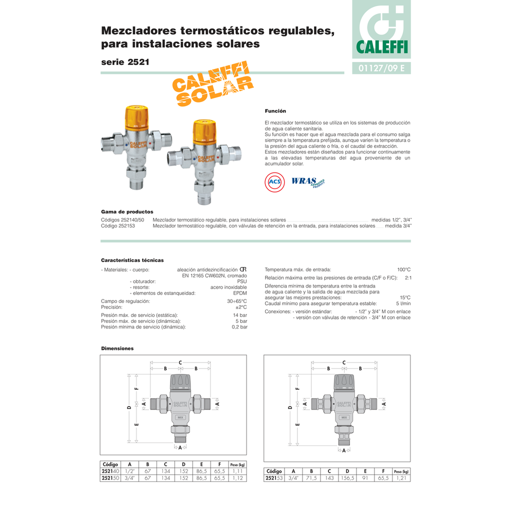 MEZCLADOR TERMOSTÁTICO SOLAR CALEFFI CON RACORES SERIE 2521