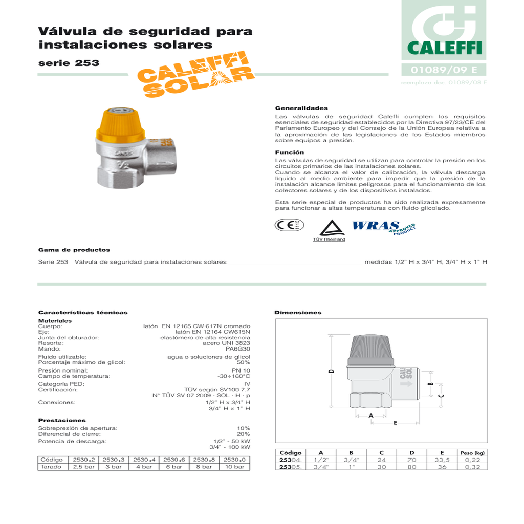 VÁLVULA DE SEGURIDAD SOLAR CALEFFI 1/2x3/4" SERIE 253