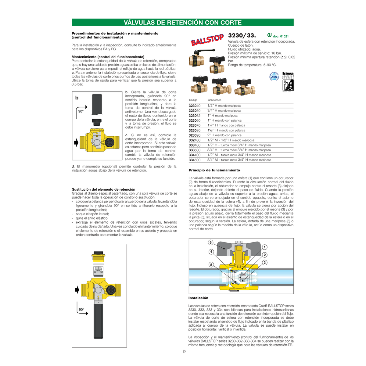 VÁLVULA DE ESFERA CON RETENCIÓN BALLSTOP CALEFFI SERIE 3230