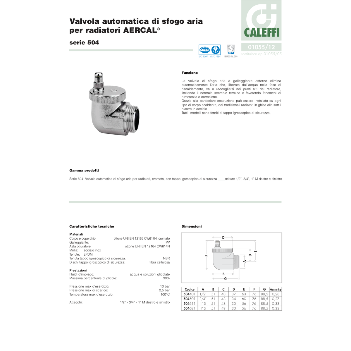 PURGADOR TAPÓN RADIADOR CALEFFI SERIES 504 / 7