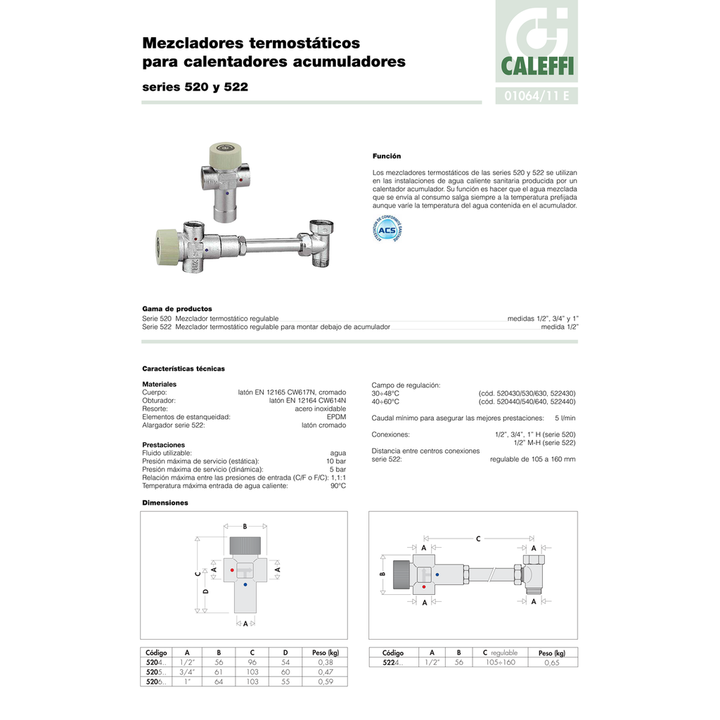 MEZCLADOR TERMOSTÁTICO EN "L" CALEFFI RANGOS 30-48 Y 40-60ºC SERIE 520