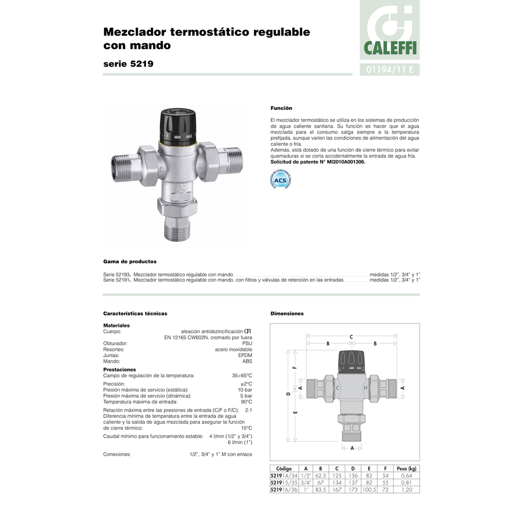 MEZCLADOR TERMOSTÁTICO CALEFFI EN "T" CON RACORES SERIE 521