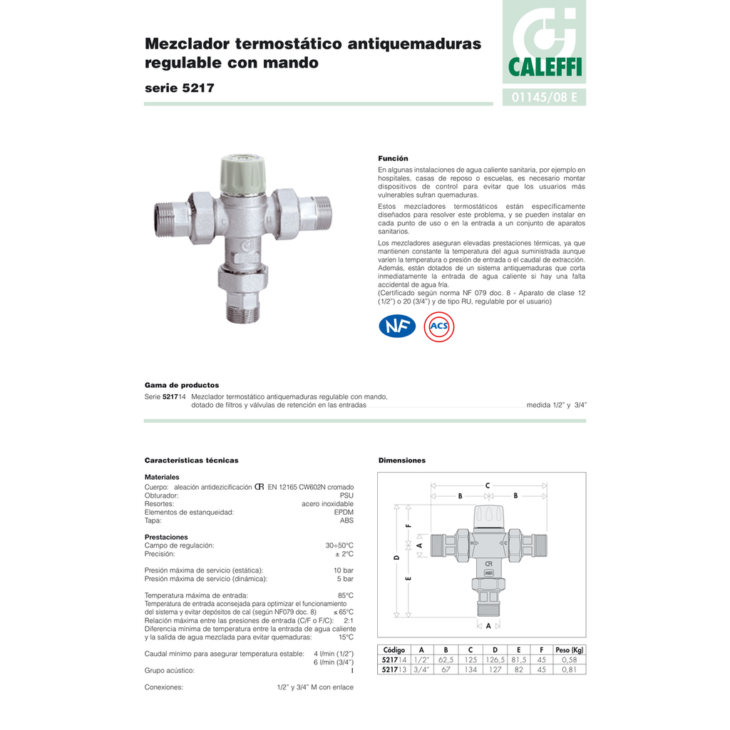 MEZCLADOR TERMOSTÁTICO CALEFFI EN "T" CON RACORES SERIE 521
