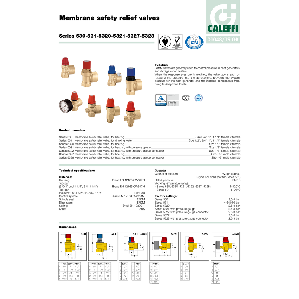 VÁLVULA DE SEGURIDAD ACS CALEFFI SERIE 531 DE 4 a 10 bar