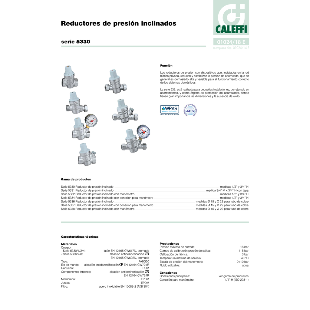 REDUCTORA PRESIÓN INCLINADA CALEFFI PN16 CON TOMA MANÓMETRO SERIE 533