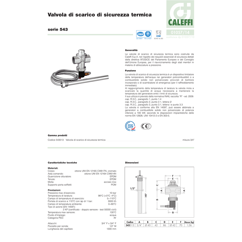 VÁLVULA DE SEGURIDAD TÉRMICA BIOMASA CALEFFI 3/4H-H SERIE 543