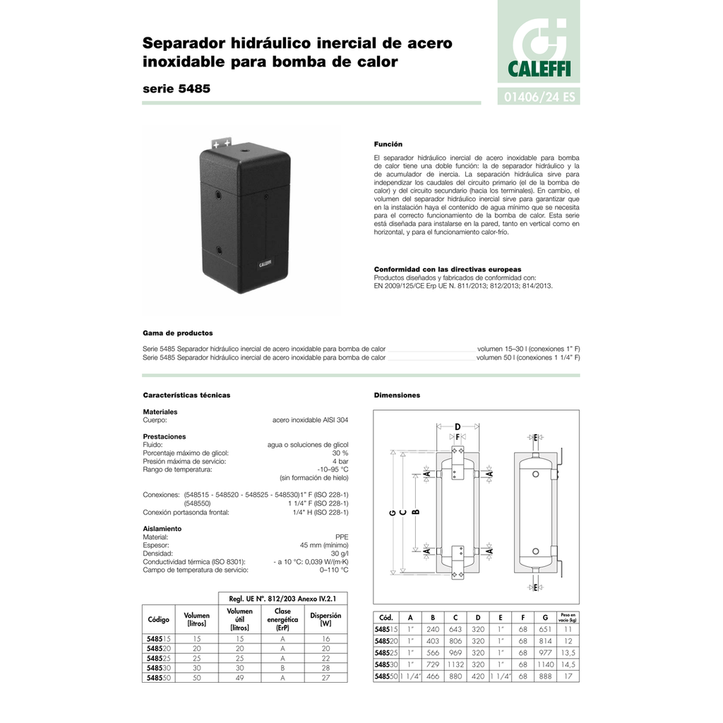 SEPARADOR HIDRÁULICO/INERCIA CALEFFI INOX AISI 304 CON AISLAMIENTO SERIE 5485