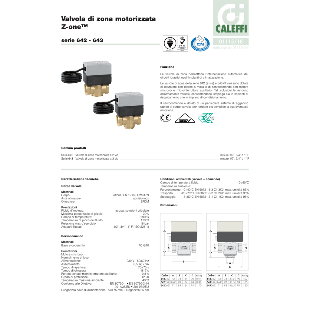 VÁLVULA MOTORIZADA DE CLAPETA CALEFFI 2 Y 3 VÍAS CABEZAL DESMONTABLE SERIES 642/3