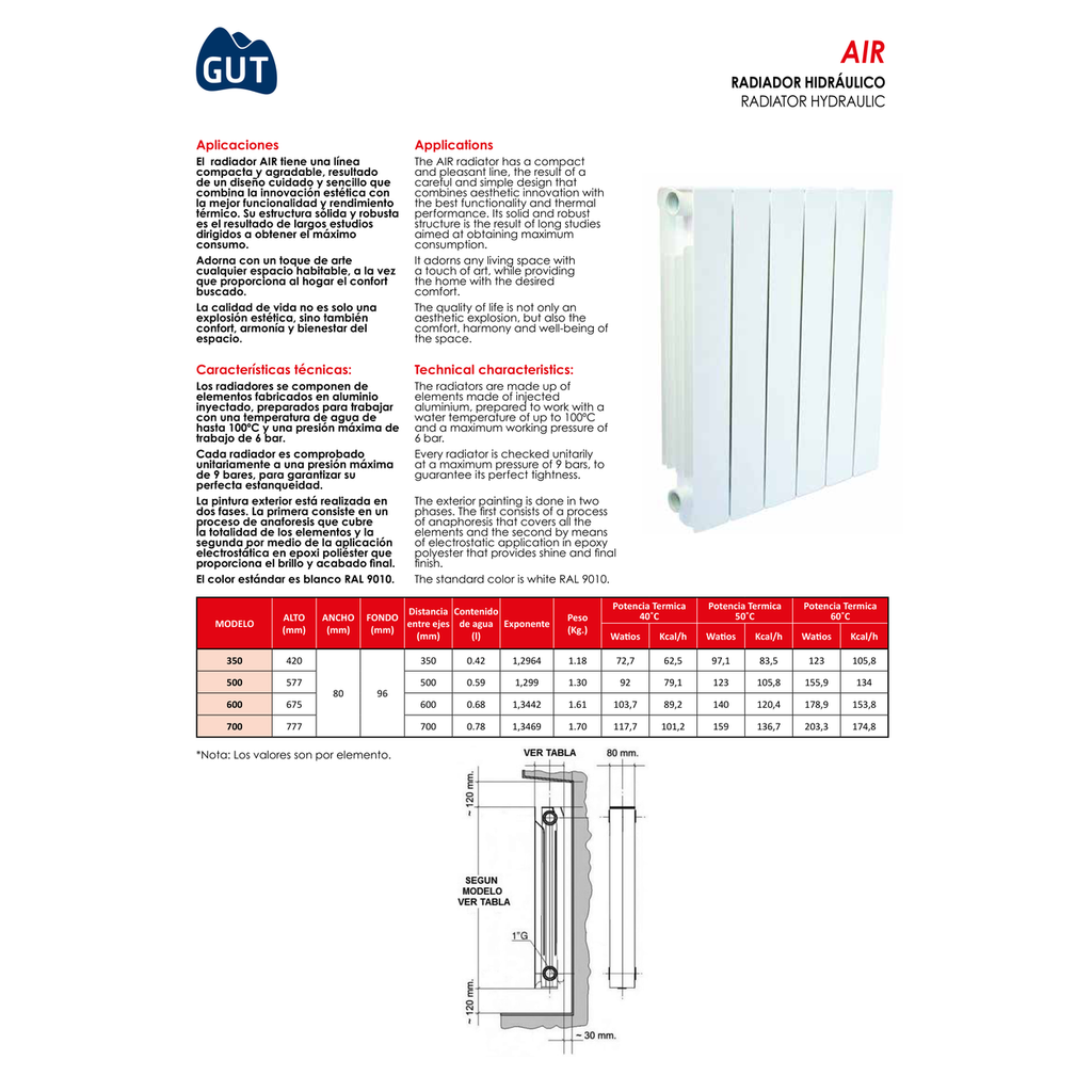 RADIADOR ALUMINIO BLANCO GUT SERIE AIR