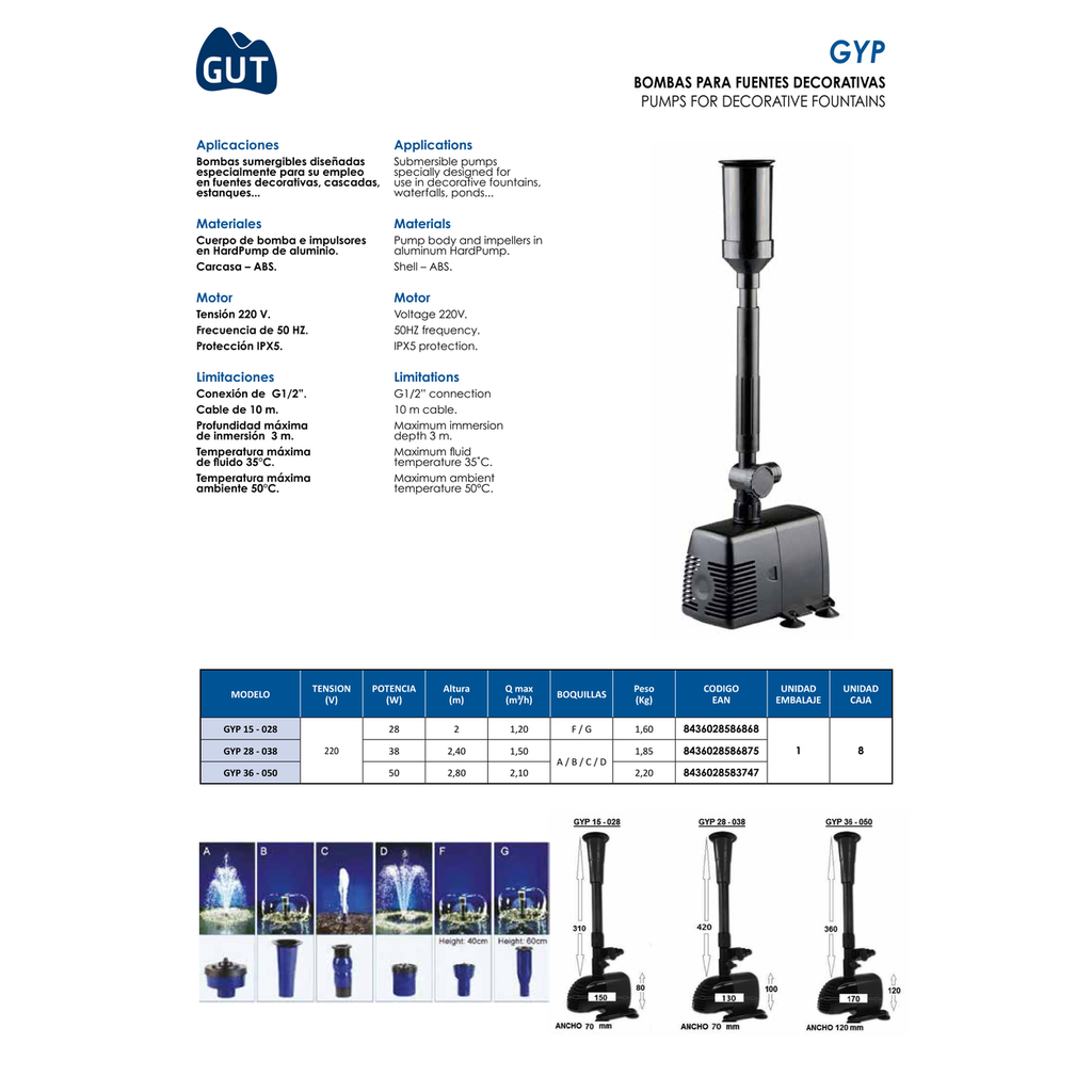 BOMBA SUMERGIBLE PARA FUENTES DECORATIVAS CASCADAS Y ESTANQUES GUT SERIE GYP