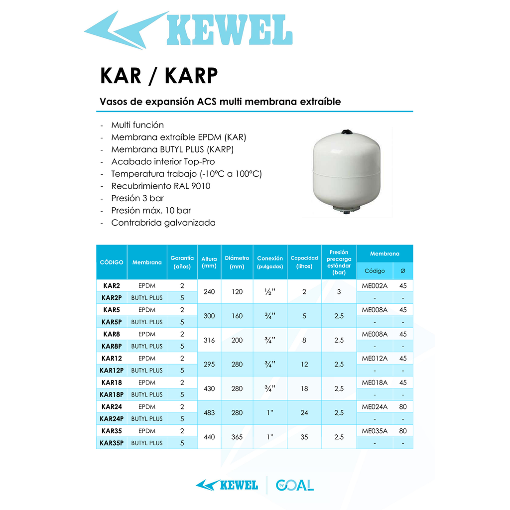 VASO DE EXPANSIÓN KEWEL MULTIFUNCION MEMBRANA EXTRAÍBLE TOP-PRO SERIE KAR