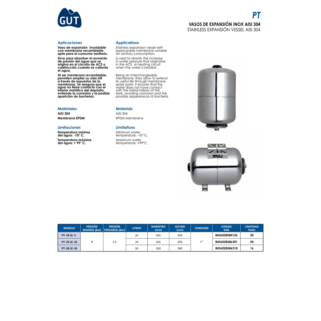 VASO EXPANSIÓN INOX AISI 304 MEMBRANA EPDM INTERCAMBIABLE GUT SERIE PT