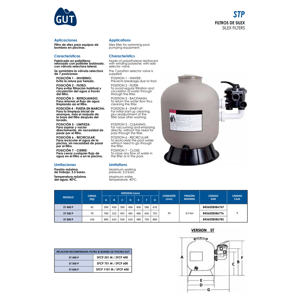 FILTRO PISCINA SÍLEX SELECTOR LATERAL GUT SERIE STP