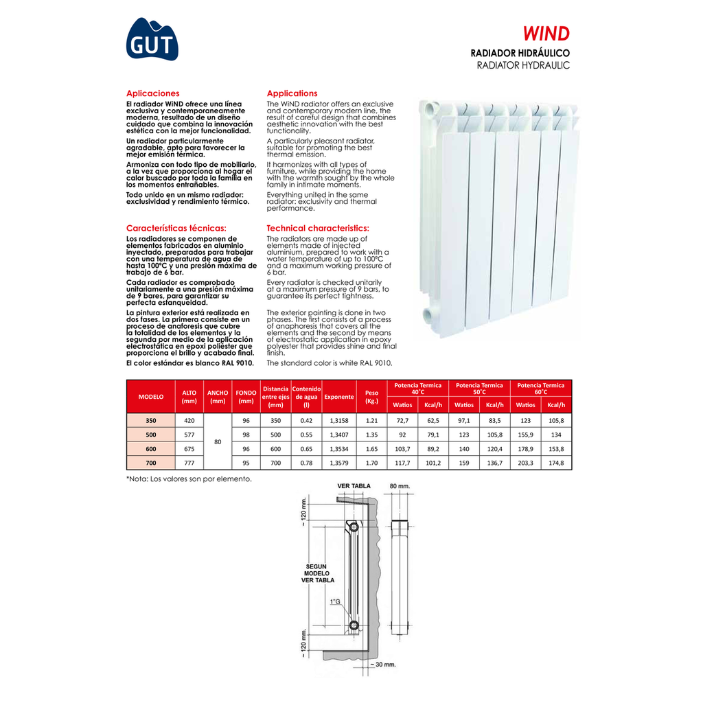 RADIADOR ALUMINIO BLANCO GUT SERIE WIND
