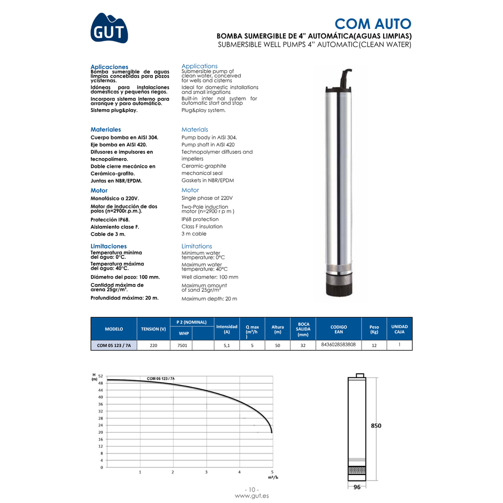 BOMBA SUMERGIBLE 4” AUTOMÁTICA AGUAS LIMPIAS GUT MOD. COM 05 123/7 AUT