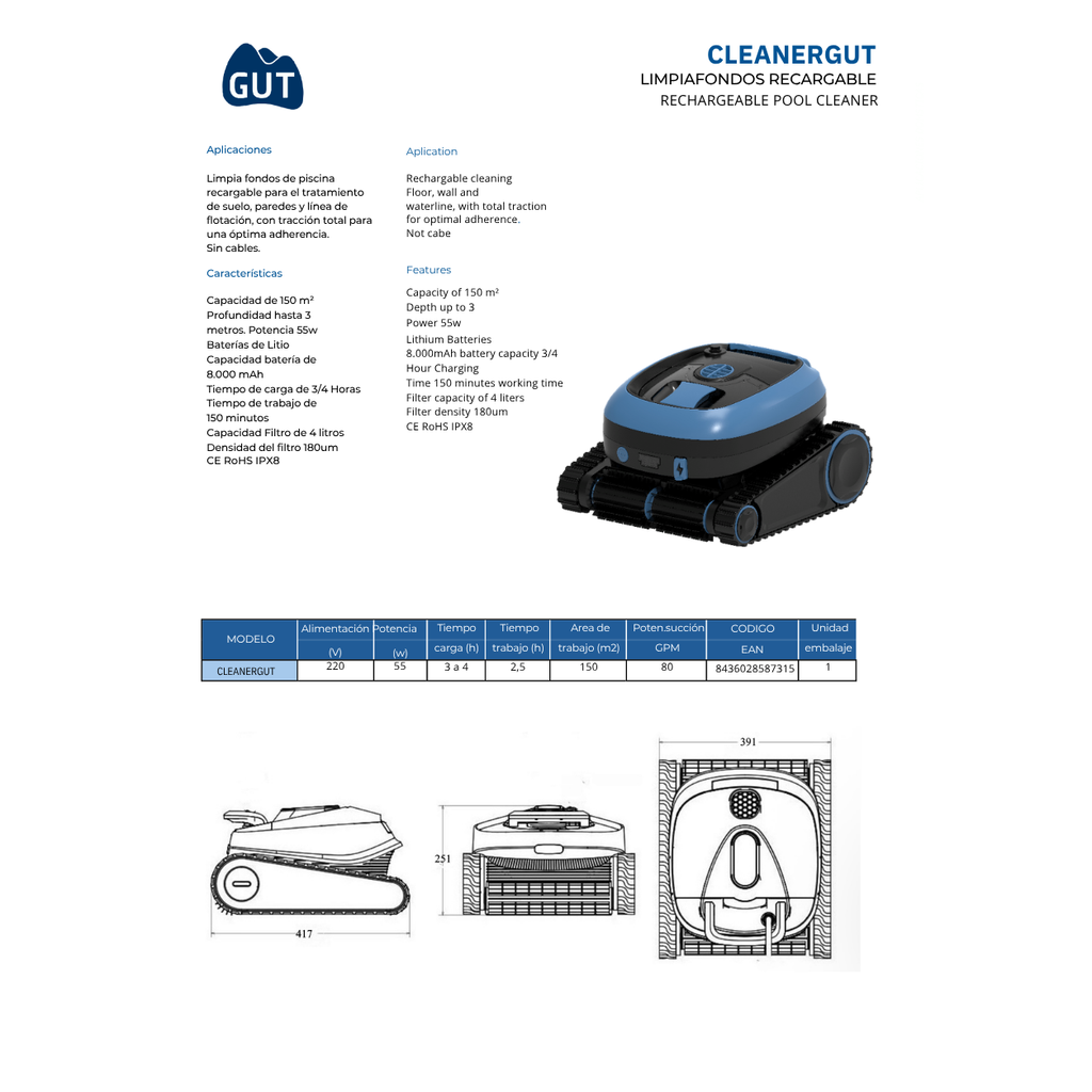 LIMPIA FONDOS AUTOMATICO RECARGABLE CLEANERGUT