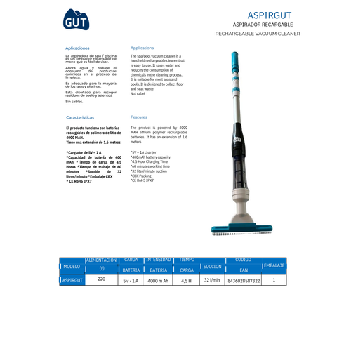 ASPIRADOR RECARGABLE PARA PISCINA ASPIRGUT