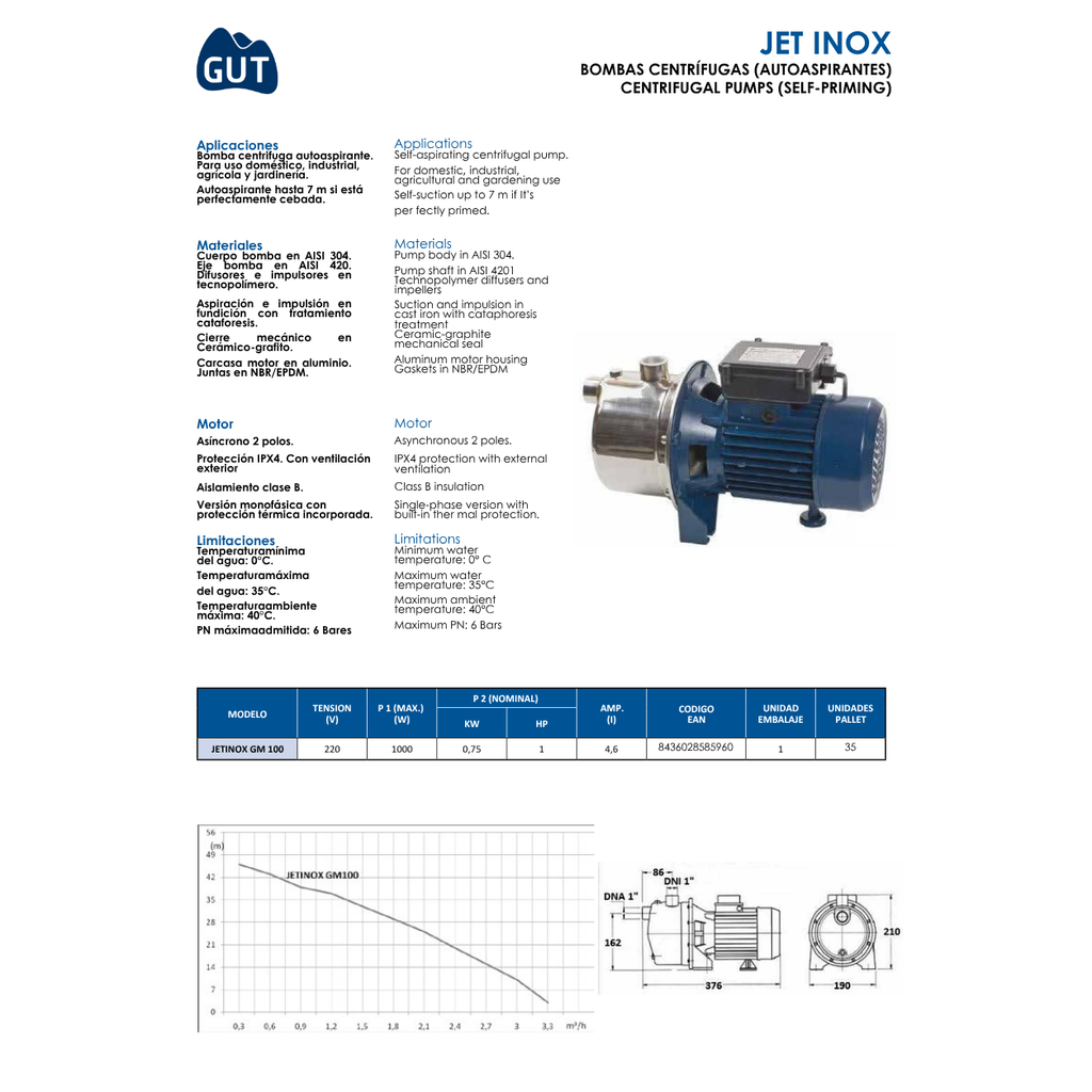 GRUPO DE PRESIÓN AUTOMÁTICO PREMONTADO INOX GUT MOD. PRESJET-INOXGM100 · 1 CV