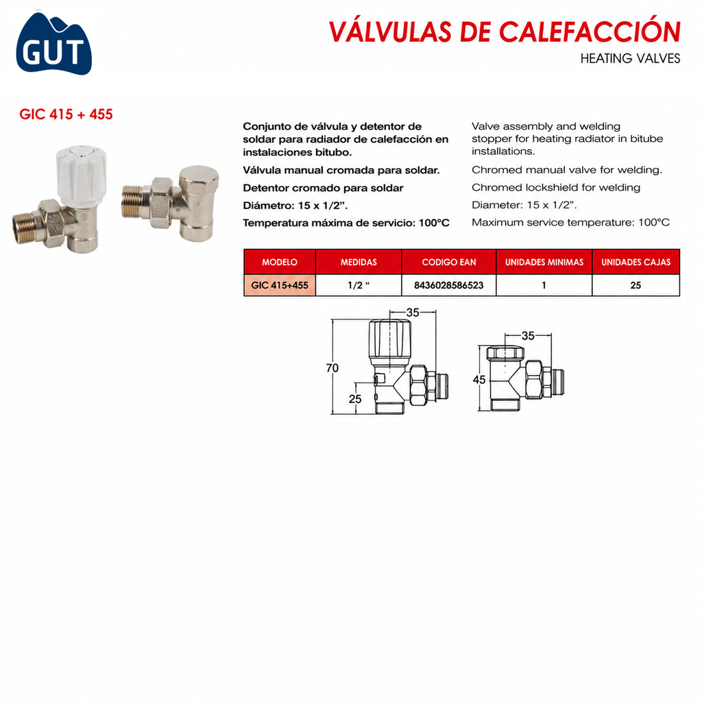 CONJUNTO VÁLVULA MANUAL Y DETENTOR SOLDAR PARA RADIADOR GUT GIC 415 + 455