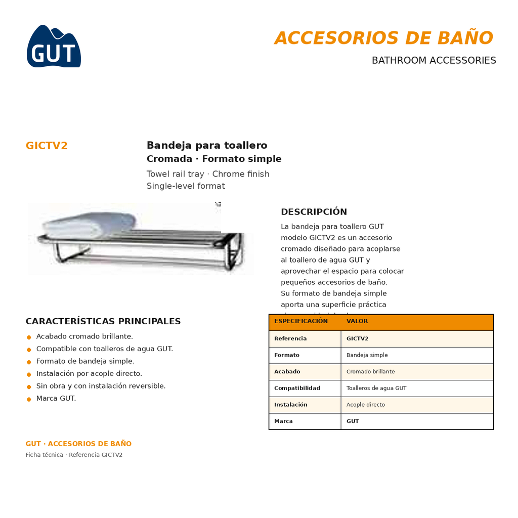 BANDEJA PARA TOALLERO CROMADA GUT GICTV2
