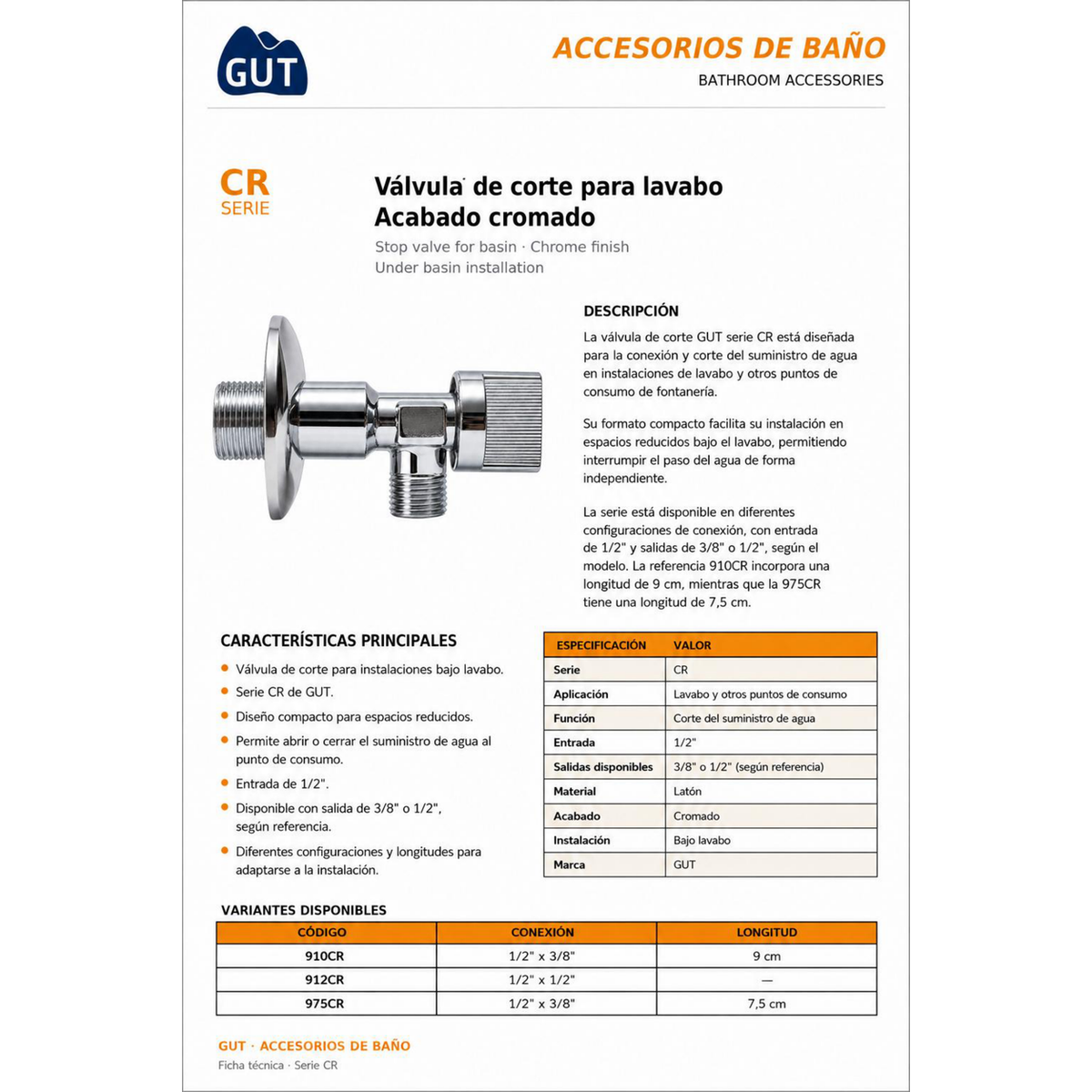 VÁLVULA DE CORTE BAJO LAVABO GUT SERIE CR